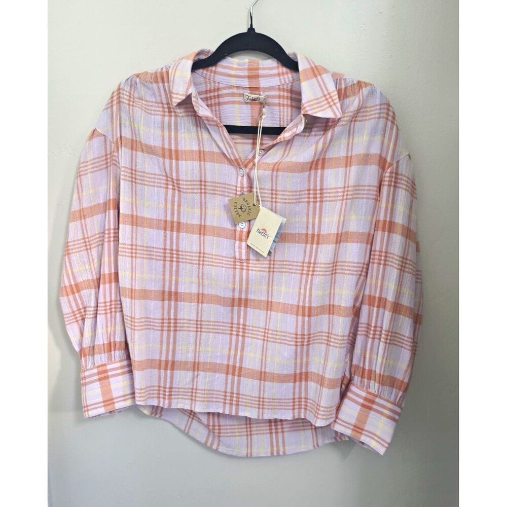 NWT Faherty Olli Popover Shirt XS Lavender Peach Plaid Organic Cotton Coastal